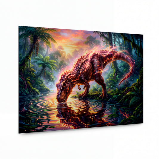 Obraz Svítící tyranosaurus u jezera při západu slunce — kovový obraz na hliníkovém panelu s vysokým leskem