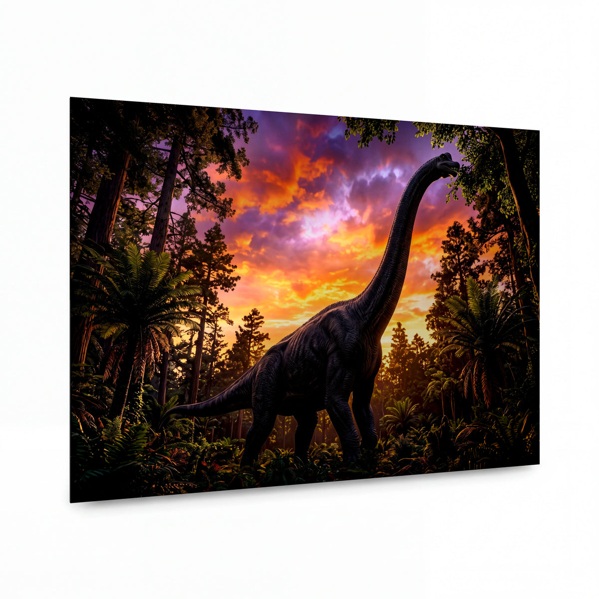 Obraz Brachiosaurus v objetí planoucího soumraku — kovový obraz na hliníkovém panelu s vysokým leskem
