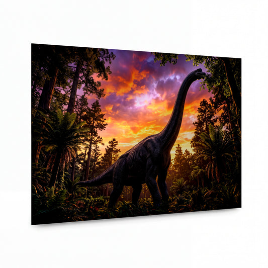 Obraz Brachiosaurus v objetí planoucího soumraku — kovový obraz na hliníkovém panelu s vysokým leskem