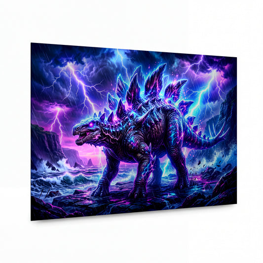 Obraz Stegosaurus v elektrické bouři nad rozbouřeným mořem — kovový obraz na hliníkovém panelu s vysokým leskem