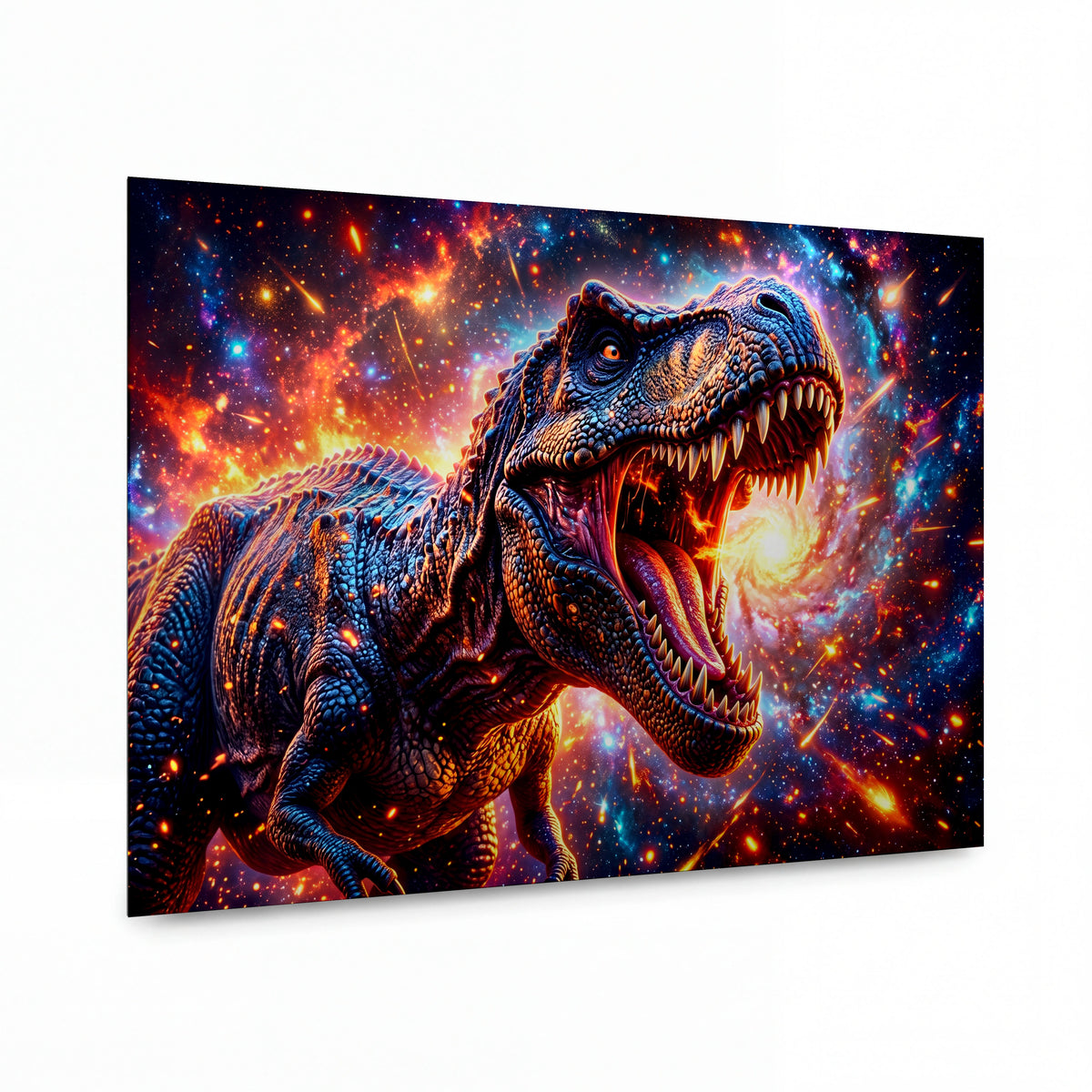 Obraz Tyranosaurus v plamenech vesmírné bouře — kovový obraz na hliníkovém panelu s vysokým leskem