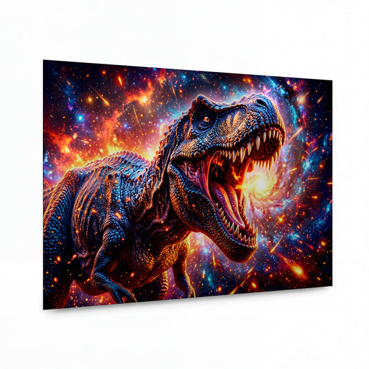 Obraz Tyranosaurus v plamenech vesmírné bouře — kovový obraz na hliníkovém panelu s vysokým leskem