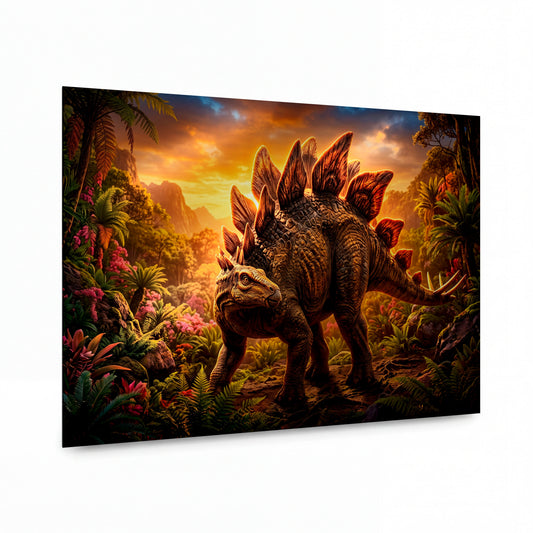 Obraz Stegosaurus v zaoceánské džungli při západu slunce — kovový obraz na hliníkovém panelu s vysokým leskem