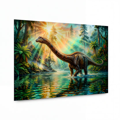Obraz Brachiosaurus v paprsčitém svitu pralesa — kovový obraz na hliníkovém panelu s vysokým leskem