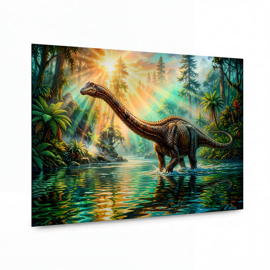Obraz Brachiosaurus v paprsčitém svitu pralesa — kovový obraz na hliníkovém panelu s vysokým leskem