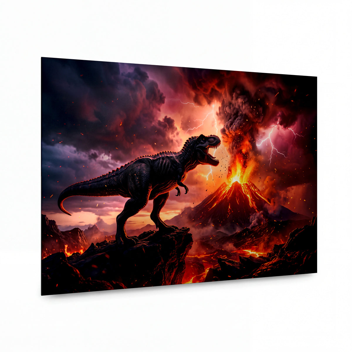 Obraz Tyranosaurus v ohni sopečné erupce — kovový obraz na hliníkovém panelu s vysokým leskem