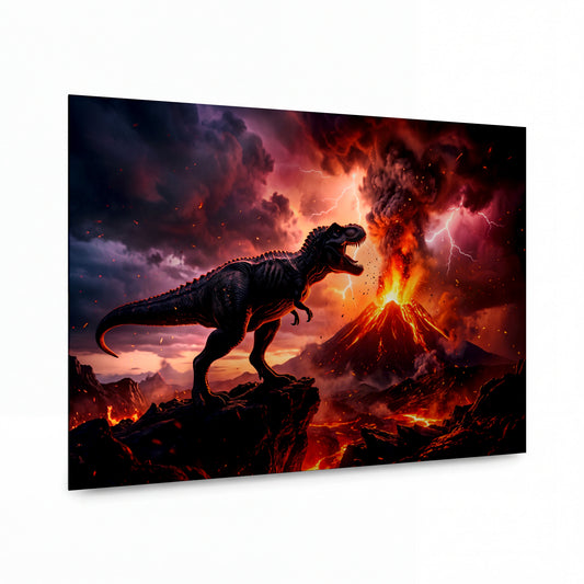 Obraz Tyranosaurus v ohni sopečné erupce — kovový obraz na hliníkovém panelu s vysokým leskem