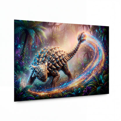 Obraz Obrněný ankylosaurus se zářivým ocasem — kovový obraz na hliníkovém panelu s vysokým leskem