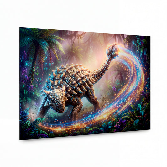 Obraz Obrněný ankylosaurus se zářivým ocasem — kovový obraz na hliníkovém panelu s vysokým leskem