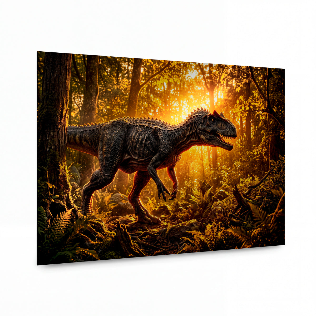 Obraz Tyranosaurus v jantarovém pralese — kovový obraz na hliníkovém panelu s vysokým leskem