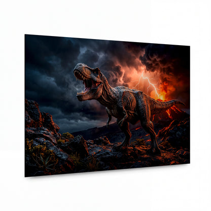 Obraz Tyranosaurus v objetí vulkanického inferna — kovový obraz na hliníkovém panelu s vysokým leskem