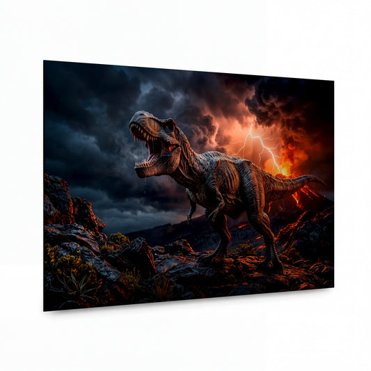 Obraz Tyranosaurus v objetí vulkanického inferna — kovový obraz na hliníkovém panelu s vysokým leskem