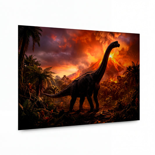 Obraz Brachiosaurus v plamenech sopečné katastrofy — kovový obraz na hliníkovém panelu s vysokým leskem