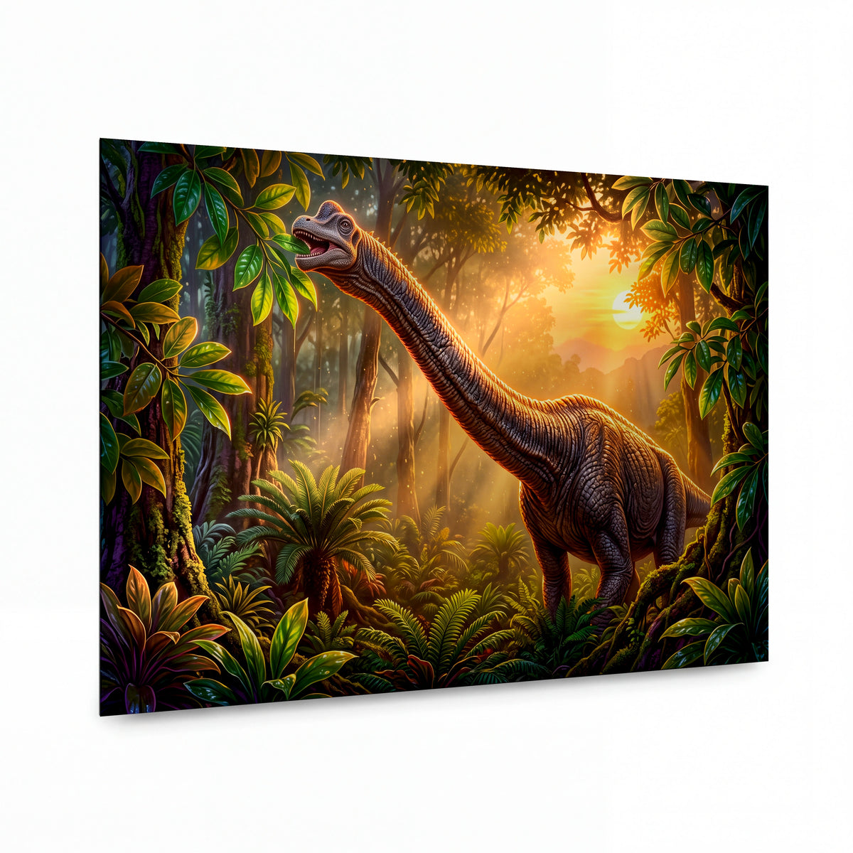 Obraz Brachiosaurus v rozbřesku pralesa — kovový obraz na hliníkovém panelu s vysokým leskem