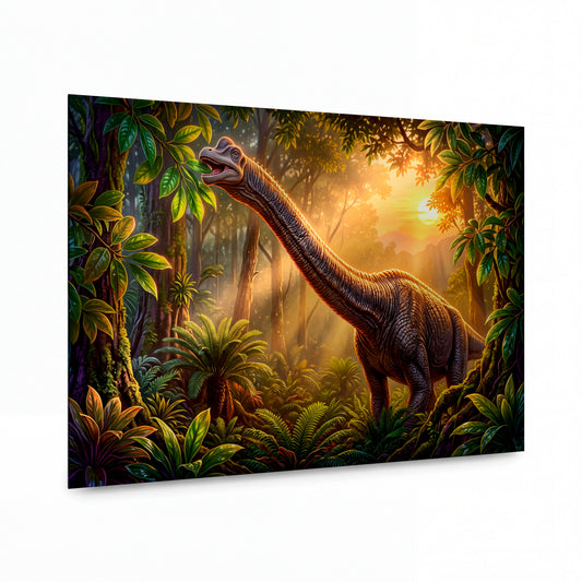 Obraz Brachiosaurus v rozbřesku pralesa — kovový obraz na hliníkovém panelu s vysokým leskem