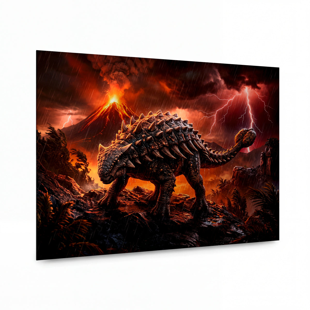 Obraz Obrněný ankylosaurus v ohnivé sopečné bouři — kovový obraz na hliníkovém panelu s vysokým leskem