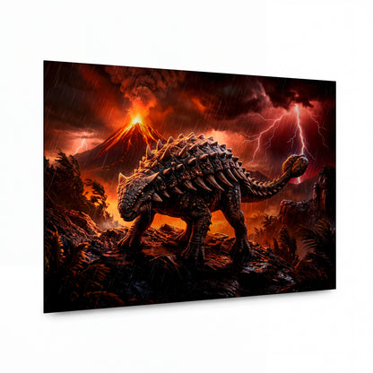 Obraz Obrněný ankylosaurus v ohnivé sopečné bouři — kovový obraz na hliníkovém panelu s vysokým leskem