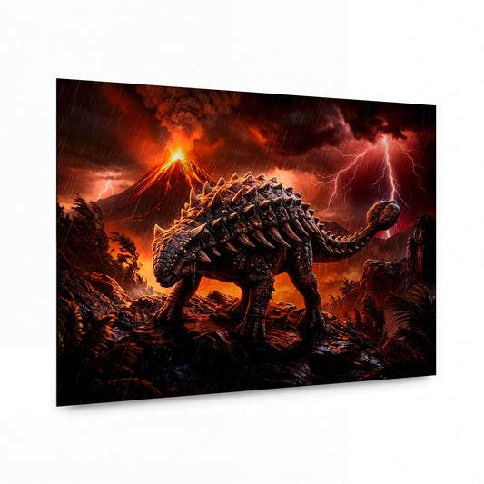 Obraz Obrněný ankylosaurus v ohnivé sopečné bouři — kovový obraz na hliníkovém panelu s vysokým leskem