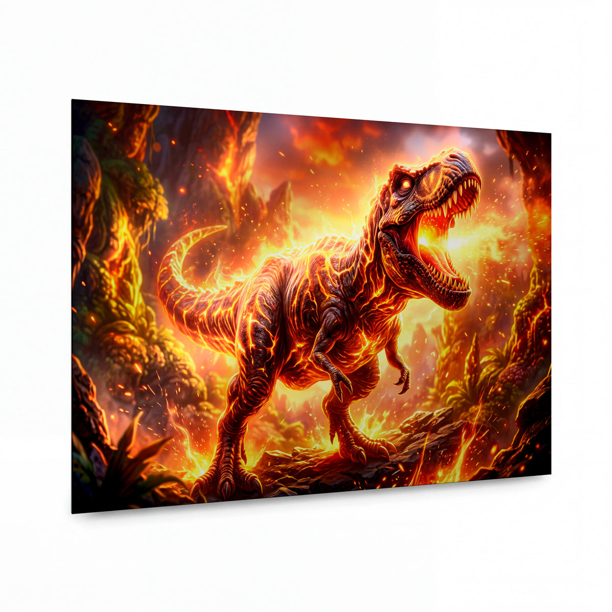 Obraz Tyranosaurus v plamenném pekle — kovový obraz na hliníkovém panelu s vysokým leskem