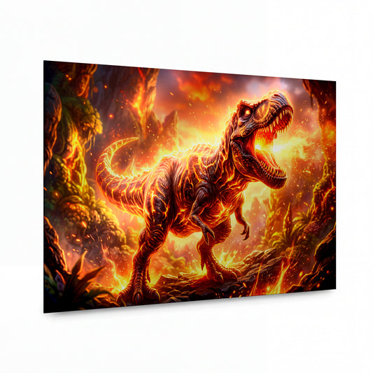 Obraz Tyranosaurus v plamenném pekle — kovový obraz na hliníkovém panelu s vysokým leskem