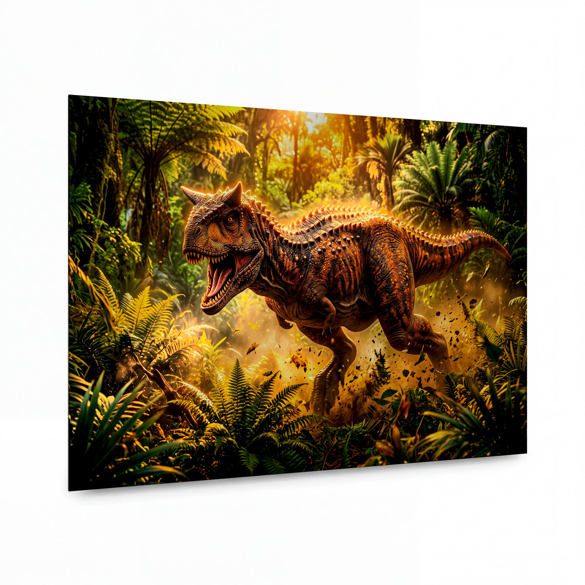 Obraz Carnotaurus ve zlatém světle pralesa — kovový obraz na hliníkovém panelu s vysokým leskem