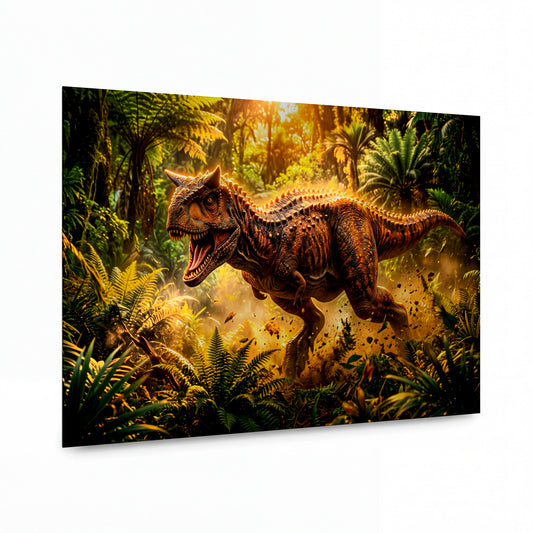 Obraz Carnotaurus ve zlatém světle pralesa — kovový obraz na hliníkovém panelu s vysokým leskem
