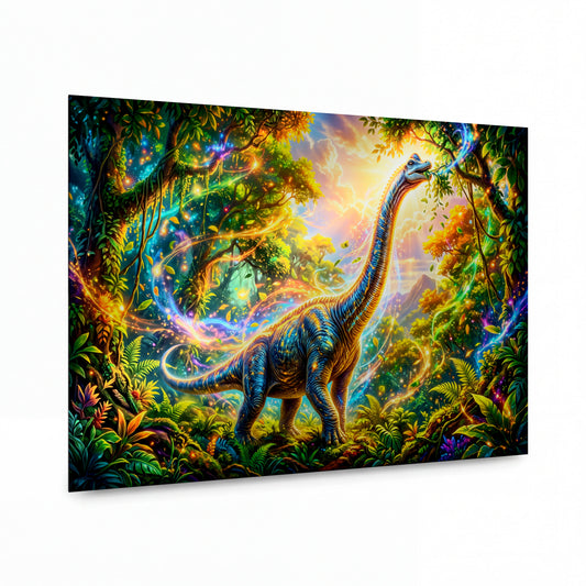 Obraz Brachiosaurus v magickém pralese plném světelných spirál — kovový obraz na hliníkovém panelu s vysokým leskem