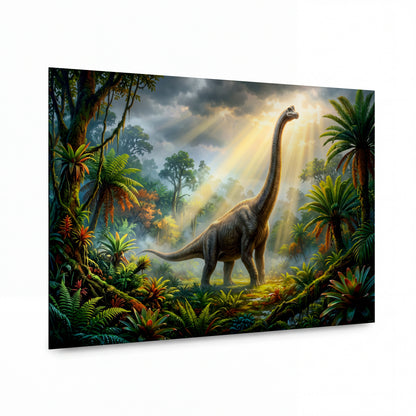 Obraz Brachiosaurus v paprscích pravěkého slunce — kovový obraz na hliníkovém panelu s vysokým leskem