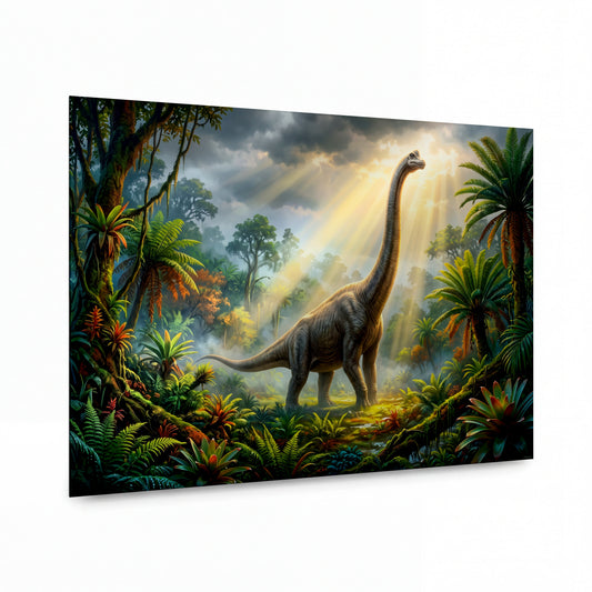 Obraz Brachiosaurus v paprscích pravěkého slunce — kovový obraz na hliníkovém panelu s vysokým leskem