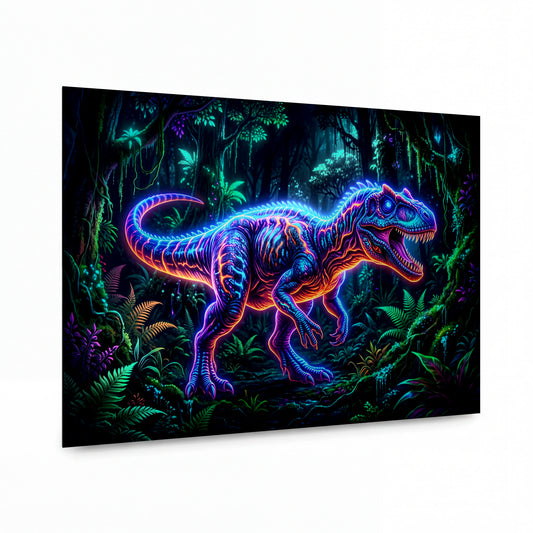 Obraz Neonový tyranosaurus v prastaré džungli — kovový obraz na hliníkovém panelu s vysokým leskem