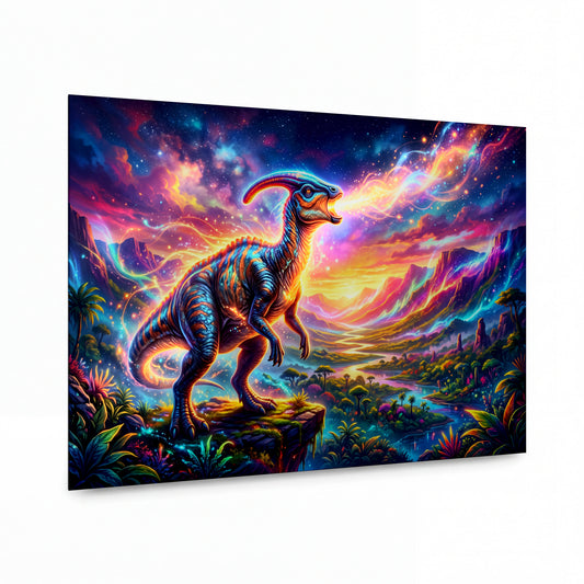 Obraz Parasaurolophus v zářícím pravěkém údolí — kovový obraz na hliníkovém panelu s vysokým leskem