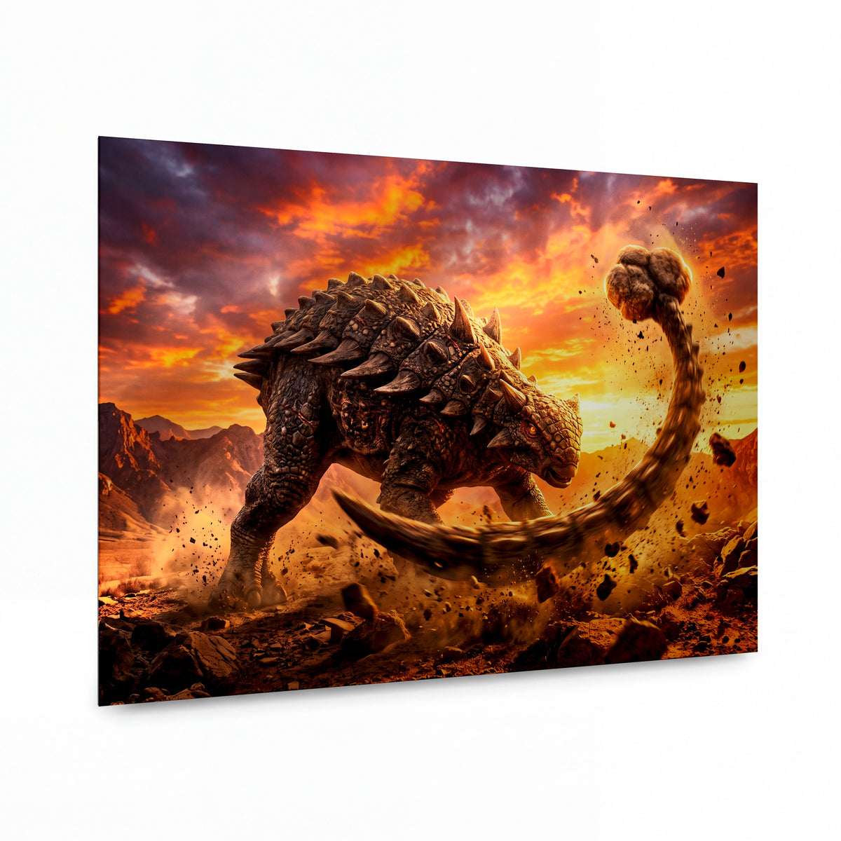 Obraz Ankylosaurus v ohnivé bouři — kovový obraz na hliníkovém panelu s vysokým leskem