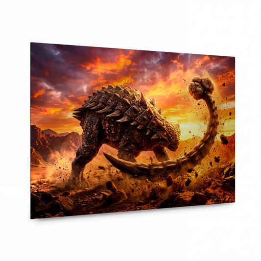 Obraz Ankylosaurus v ohnivé bouři — kovový obraz na hliníkovém panelu s vysokým leskem