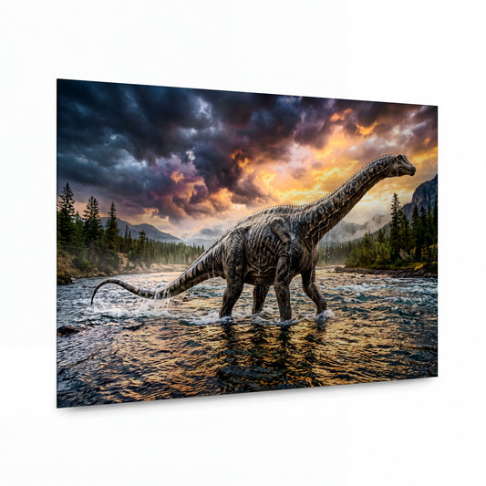 Obraz Brachiosaurus v říční krajině za bouřkového svítání — kovový obraz na hliníkovém panelu s vysokým leskem