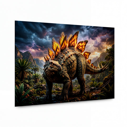 Obraz Ohnivý stegosaurus v bouřkové krajině — kovový obraz na hliníkovém panelu s vysokým leskem