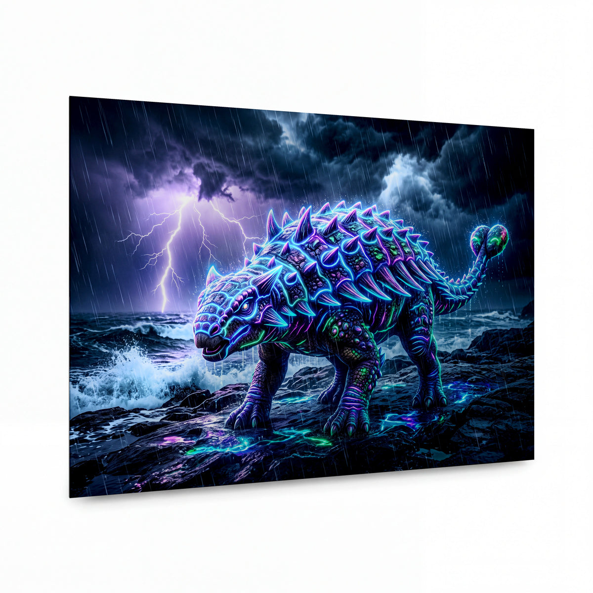 Obraz Neonový ankylosaurus v bouřkové noci — kovový obraz na hliníkovém panelu s vysokým leskem