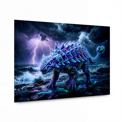 Obraz Neonový ankylosaurus v bouřkové noci — kovový obraz na hliníkovém panelu s vysokým leskem