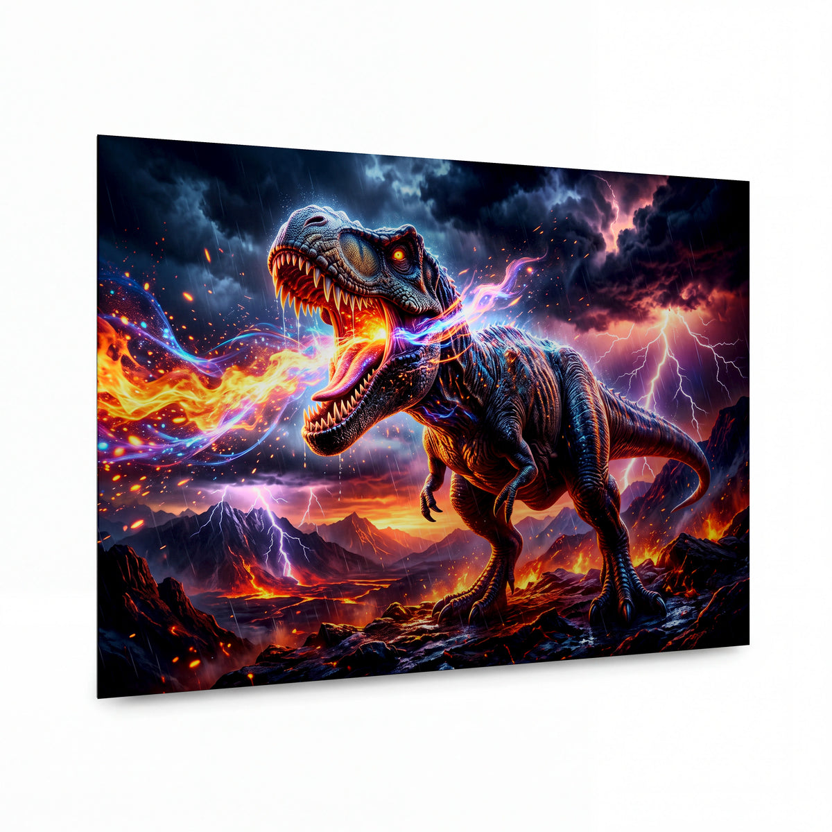 Obraz Tyranosaurus rex v ohnivé bouři — kovový obraz na hliníkovém panelu s vysokým leskem