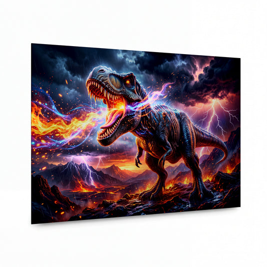 Obraz Tyranosaurus rex v ohnivé bouři — kovový obraz na hliníkovém panelu s vysokým leskem