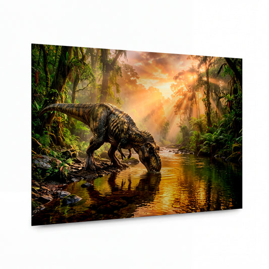 Obraz Tyranosaurus u pramene v prapraporodní džungli — kovový obraz na hliníkovém panelu s vysokým leskem