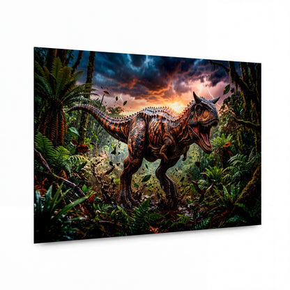 Obraz Carnotaurus v pralesní bouřce — kovový obraz na hliníkovém panelu s vysokým leskem