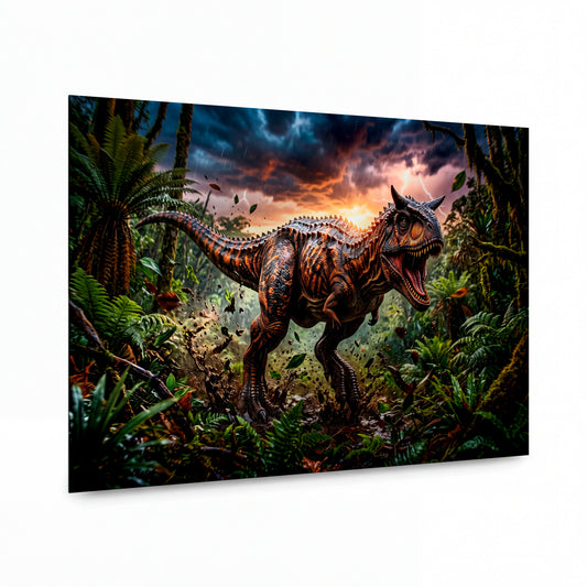 Obraz Carnotaurus v pralesní bouřce — kovový obraz na hliníkovém panelu s vysokým leskem