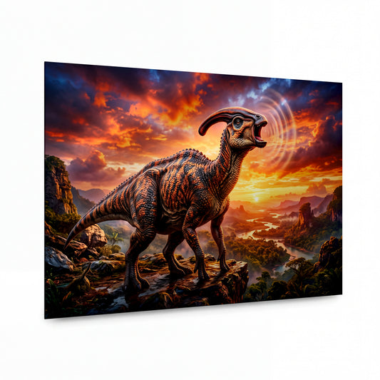 Obraz Parasaurolophus v planoucím úsvitu pravěkých vrchovin — kovový obraz na hliníkovém panelu s vysokým leskem