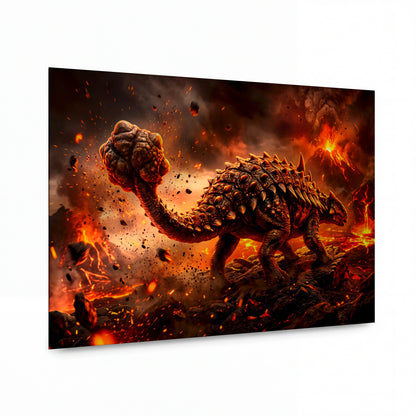Obraz Obrněný titanosaur v ohnivé krajině — kovový obraz na hliníkovém panelu s vysokým leskem