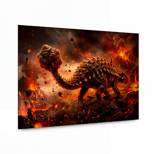 Obraz Obrněný titanosaur v ohnivé krajině — kovový obraz na hliníkovém panelu s vysokým leskem