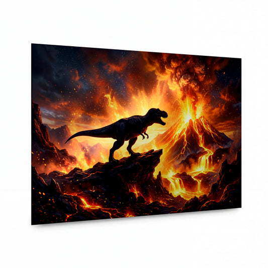 Obraz Tyranosaurus na skále v erupci sopky — kovový obraz na hliníkovém panelu s vysokým leskem