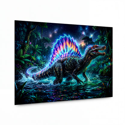 Obraz Spinosaurus v elektrickém plameni — kovový obraz na hliníkovém panelu s vysokým leskem