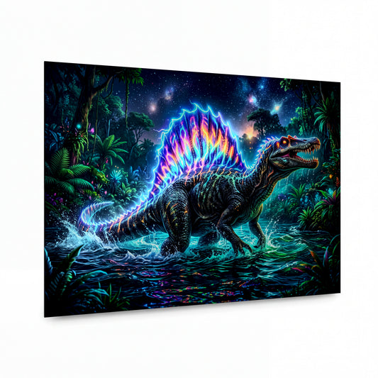 Obraz Spinosaurus v elektrickém plameni — kovový obraz na hliníkovém panelu s vysokým leskem