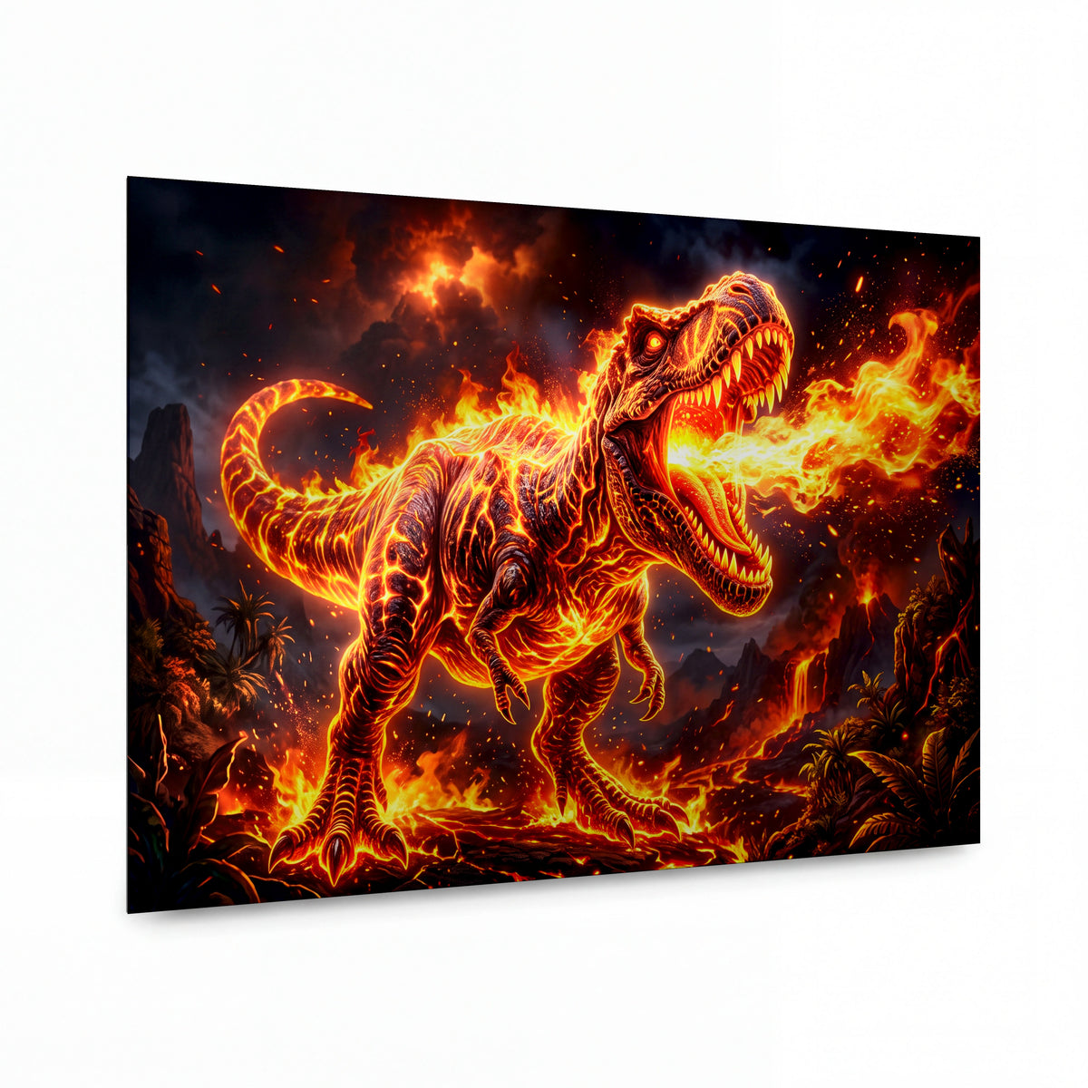 Obraz Tyranosaurus rex z planoucích živel — kovový obraz na hliníkovém panelu s vysokým leskem