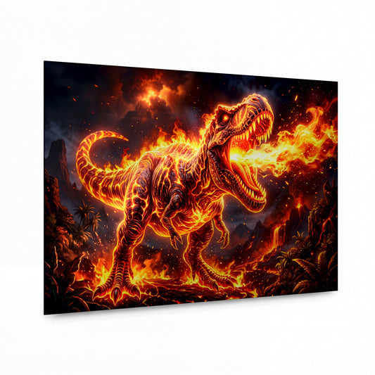 Obraz Tyranosaurus rex z planoucích živel — kovový obraz na hliníkovém panelu s vysokým leskem